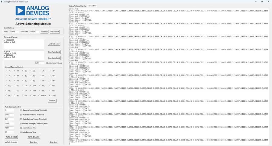 図2. ACB用のGUIのスクリーンショット（その2）。デバッグを実施している際に、MCUとGUIの間のデータのやり取りを監視するためのログが表示されています。