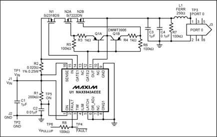 図1. マキシムのUL認定済みシングルポートのFireWire保護回路に必要な接続