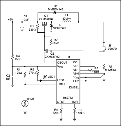 図7. 単一セルのNiMHバッテリがUSBポートから急速充電される様子を示した回路。
