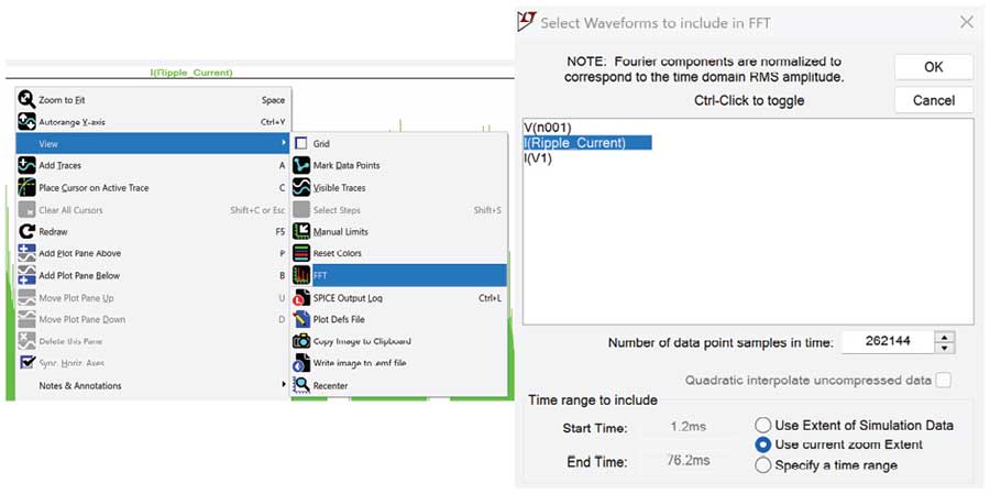 図6. LTspiceにおけるFFT機能の設定（左）。（右）の画面では「Use current zoom Extent」を選択しています。