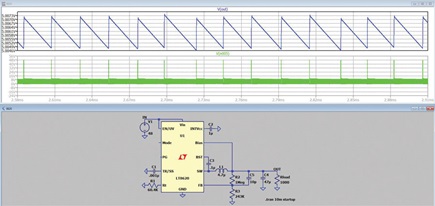 Figure 2. Simulation of an LT8620 step-down switching regulator in Burst Mode with LTspice®.