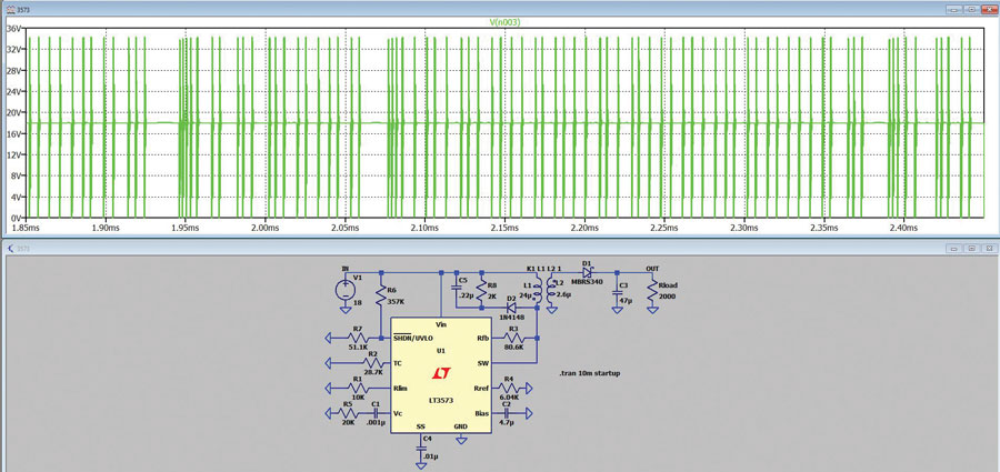 図3. パルス・スキッピング・モードの動作シミュレーションの結果。絶縁型フライバック・コンバータ(LT3573)の軽負荷時の動作を表しています。