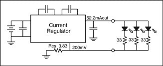 図4. 白色LEDは通常、(a)電圧源と安定抵抗器、(b)電流源と安定抵抗器、(c)複数の電流源、及び(d) LEDを直列に接続した電流源の4つの方法で駆動されます。