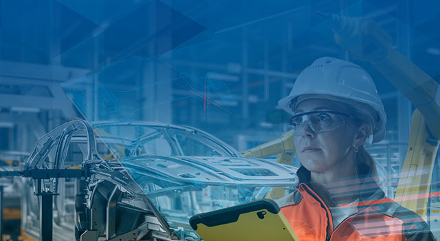 Graphic image shows a female techology worker in a factory setting reviewing technical data on tablet device. 