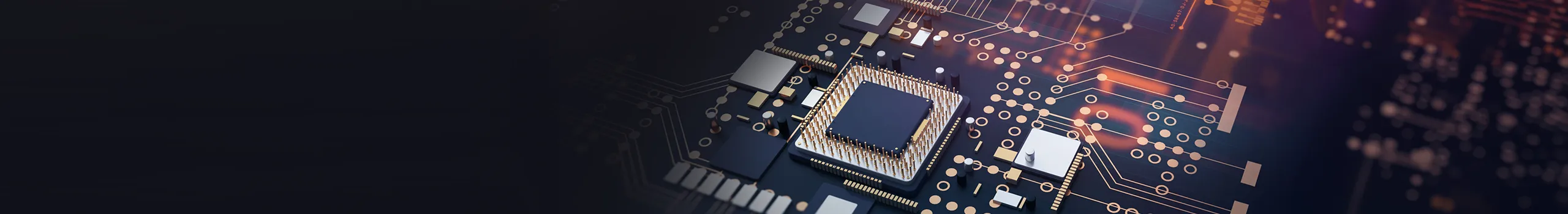 Microchip processor on a dark circuit board with glowing orange data paths.
