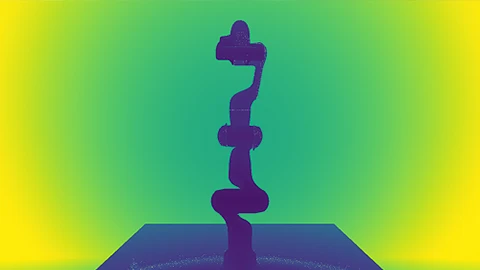 Abstract purple wavy totem on blue base with yellow-green gradient.