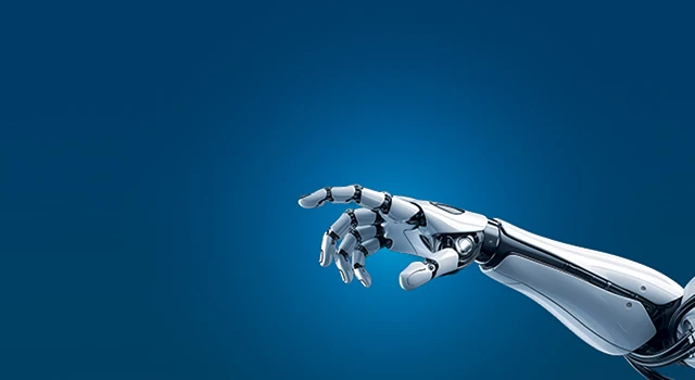 Sleek white robotic arm and hand reaching forward.