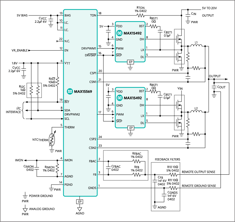 MAX15569：標準アプリケーション回路(MAX15492ドライバおよびMOSFETを外付け)