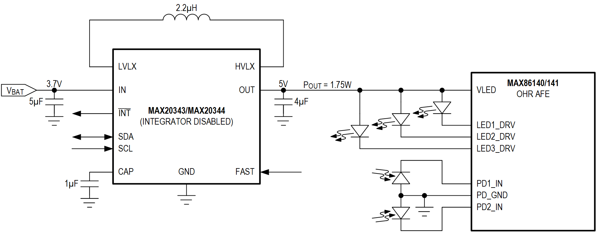 MAX20343-MAX20344 Typical Application Optical Heart Rate Led Supply