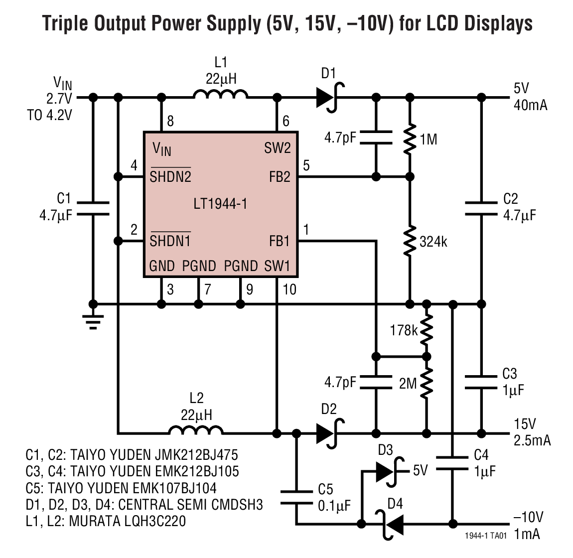 Triple Output Power Supply (5V, 15V, –10V) for LCD Displays