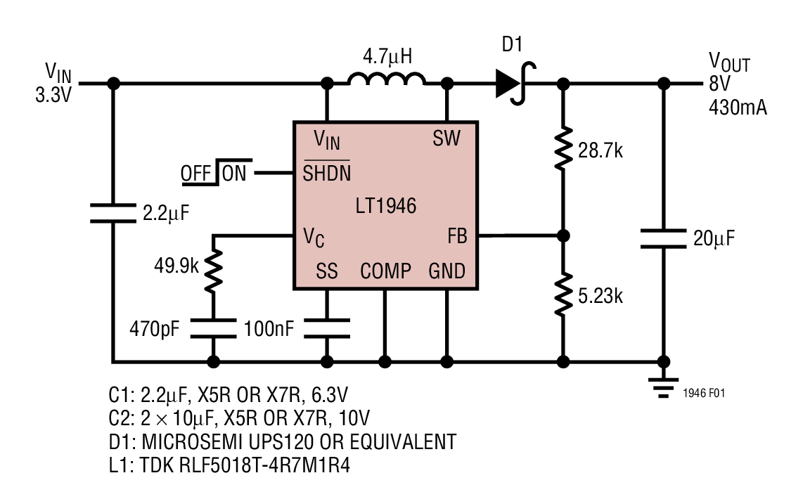 3.3V to 8V, 430mA Step-Up DC/DC Converter