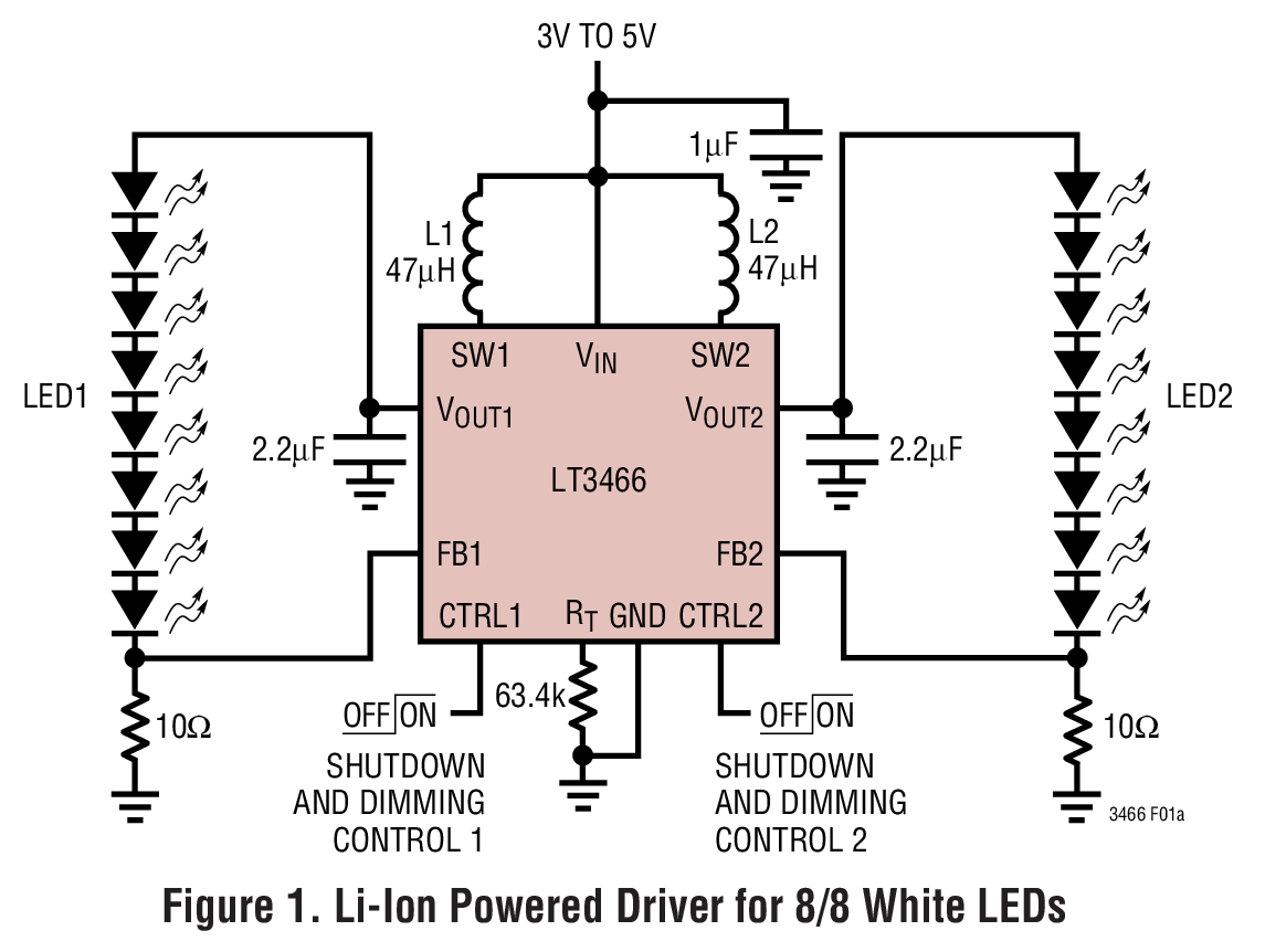 Figure 1. Li-Ion Powered Driver for 8/8 White LEDs