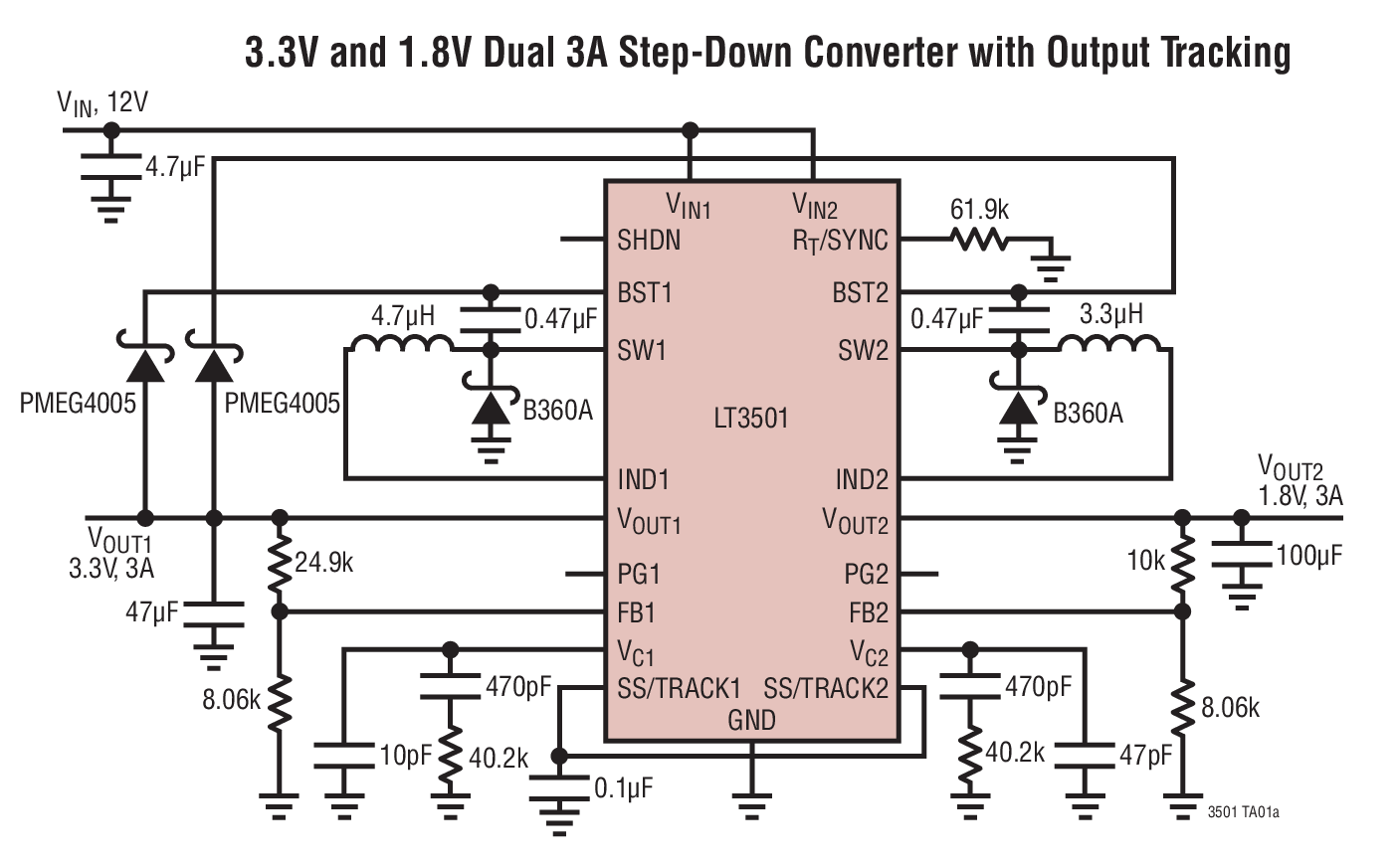 3.3V and 1.8V Dual 3A Step-Down Converter with Output Tracking