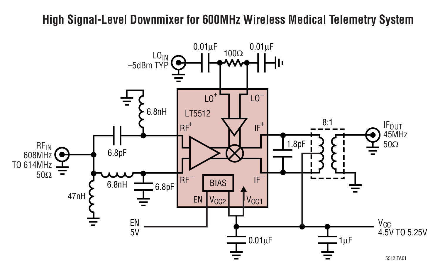 High Signal-Level Downmixer for 600MHz Wireless Medical Telemetry System