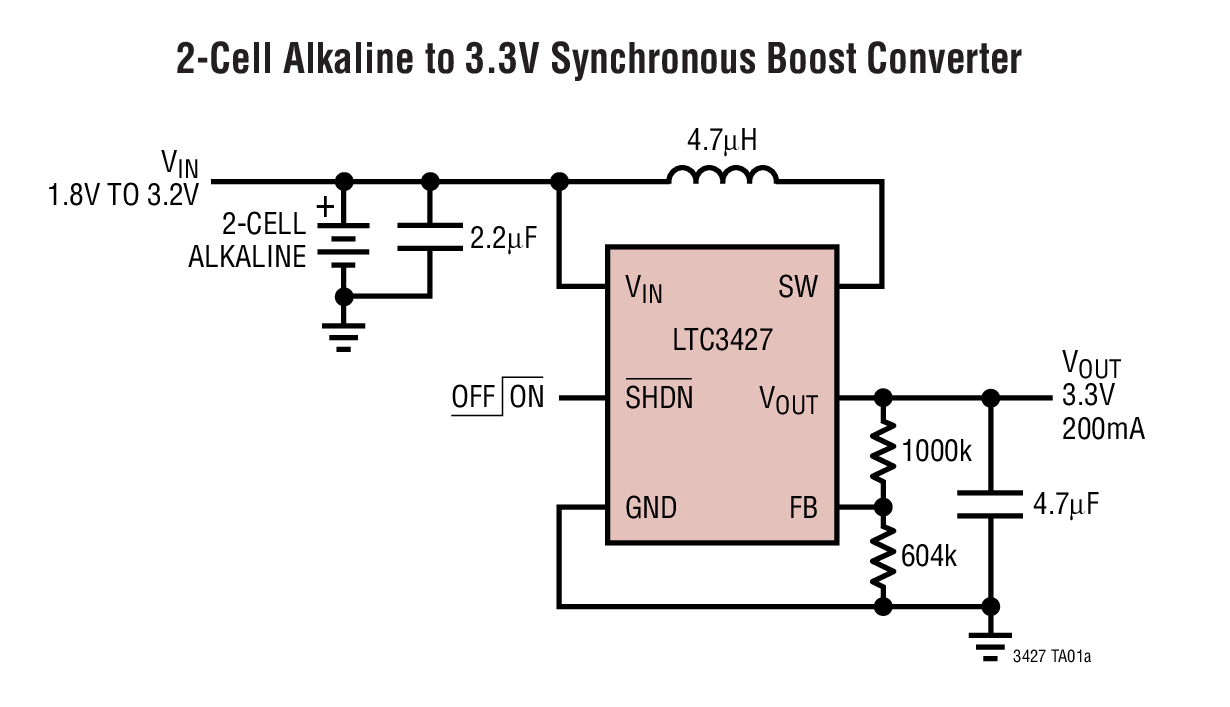 2-Cell Alkaline to 3.3V Synchronous Boost Converter