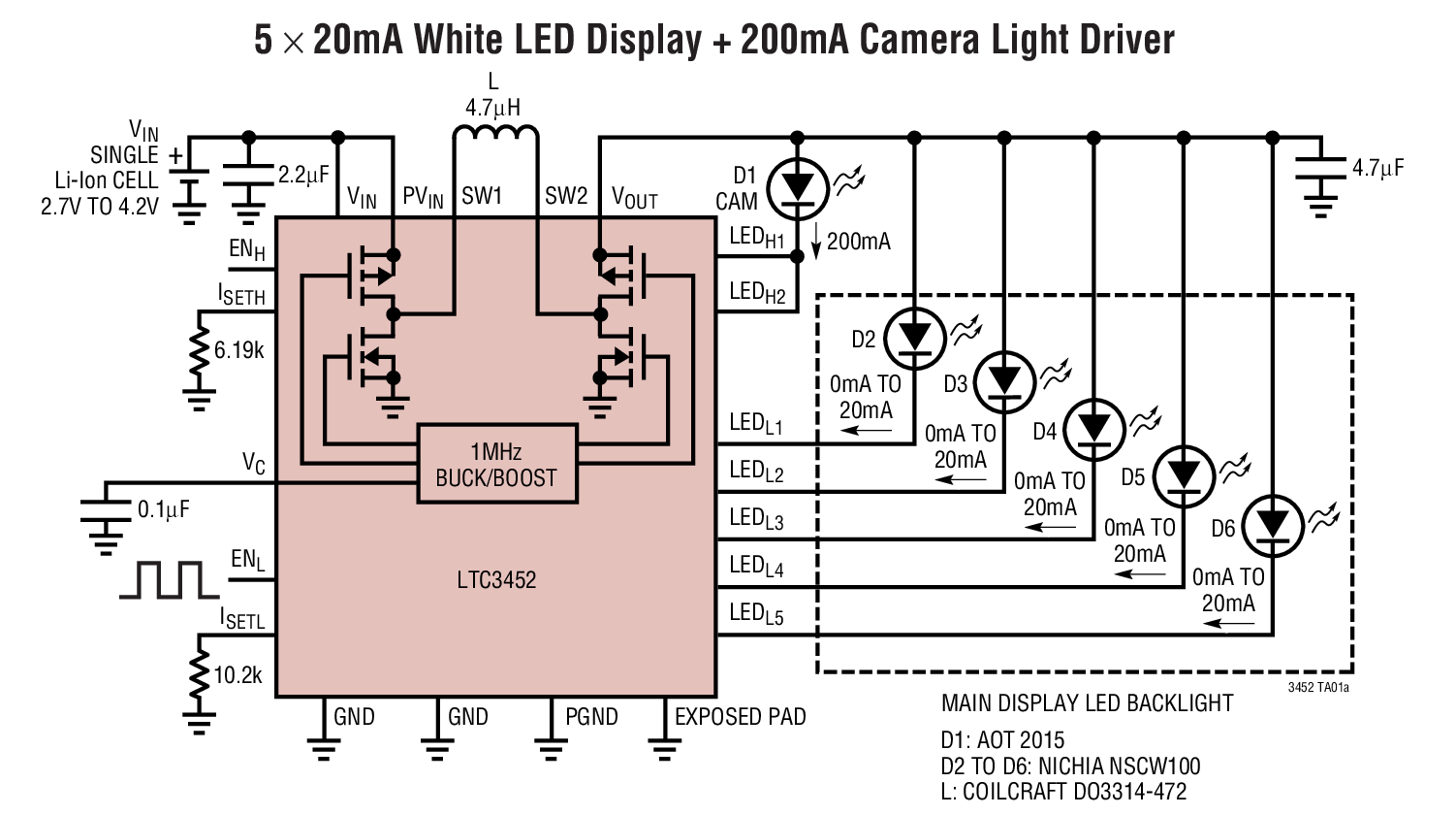 5 × 20mA White LED Display + 200mA Camera Light Driver