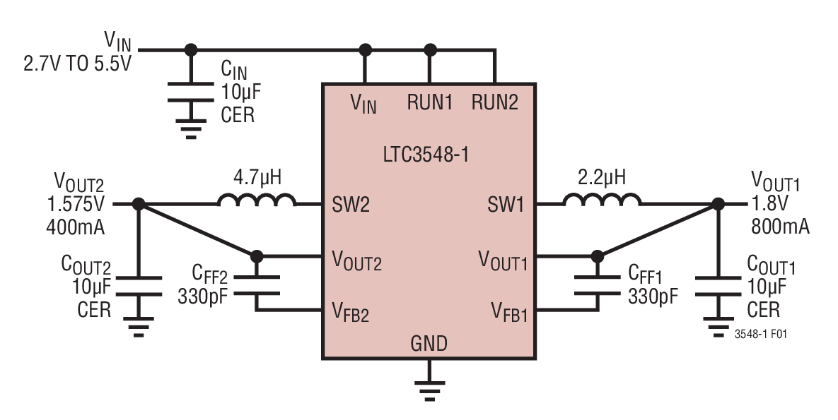 1.8V/1.575V at 800mA/400mA Step-Down Regulators