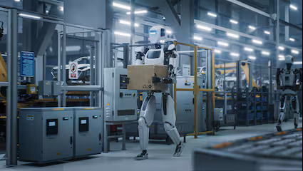 White humanoid robot carries a box in a modern factory.