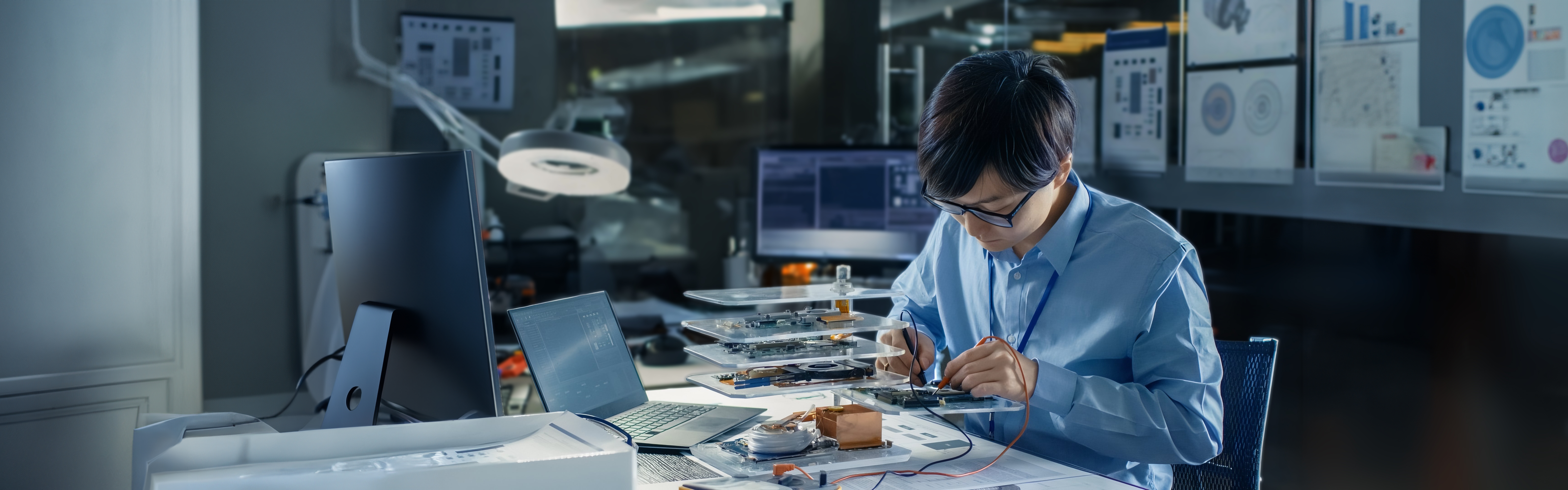 Engineer in glasses testing stacked circuit boards with probes.