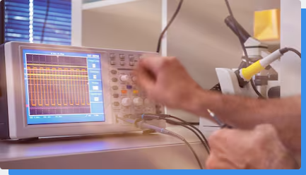 Hands adjusting an oscilloscope displaying a square waveform.