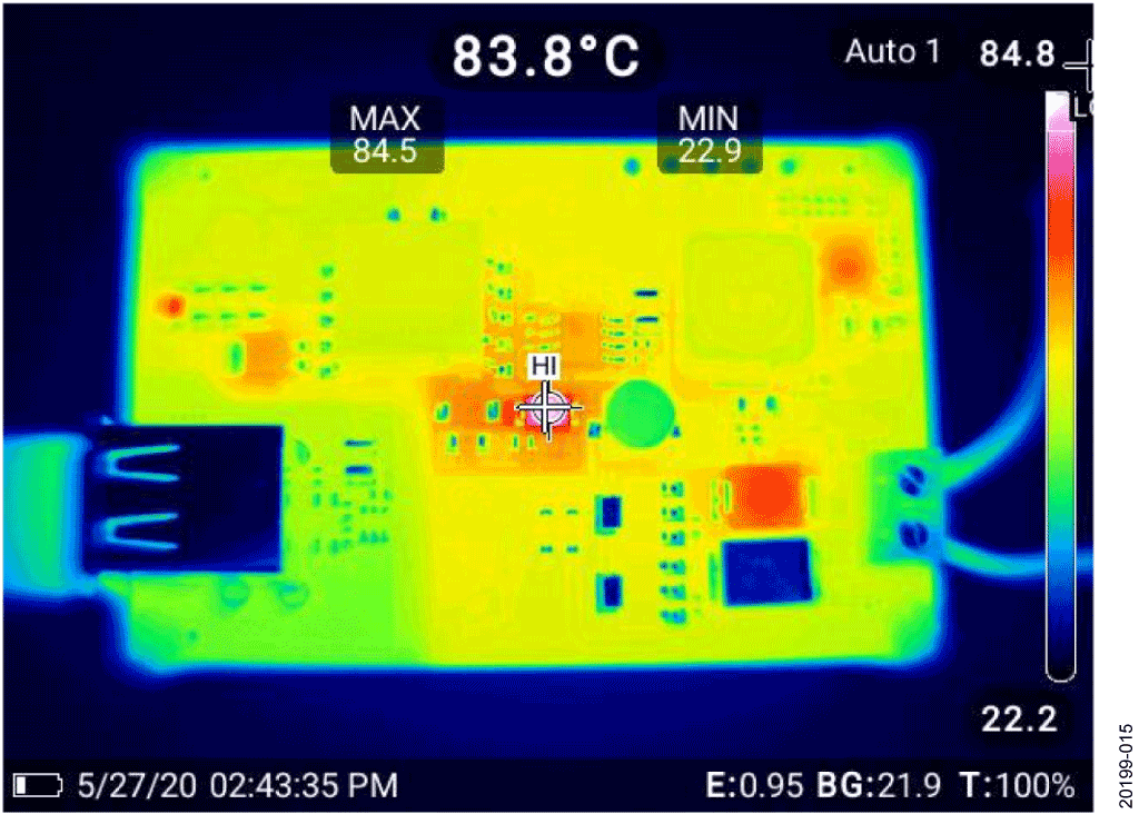 図 15. 1 時間にわたって 5.62V、2A 出力で負荷を充電しているときの EVAL-CN0509-EBZ の熱画像