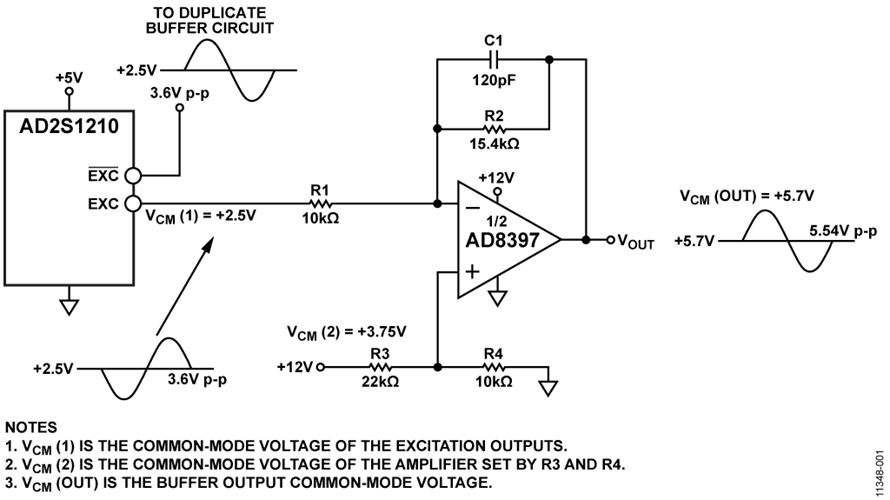 High Current Buffer Using the AD8397 for the AD2S1210 RDC Excitation Signal Output