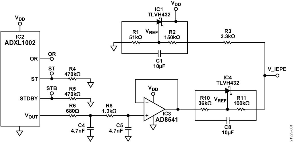 図 1. ADXL1002 と IEPE 互換回路で構成された全回路図 