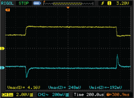 Figure 5 shows the load transient response when the load is stepped from 1.2A to 2A, and then dropped back to 1.2A again. The input is 24V.