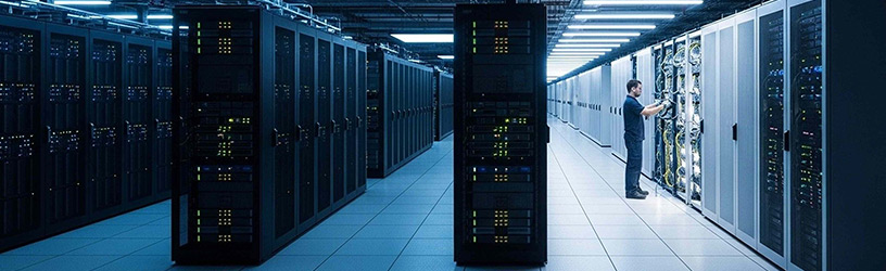 Technician configuring servers inside a large data center with rows of illuminated server racks