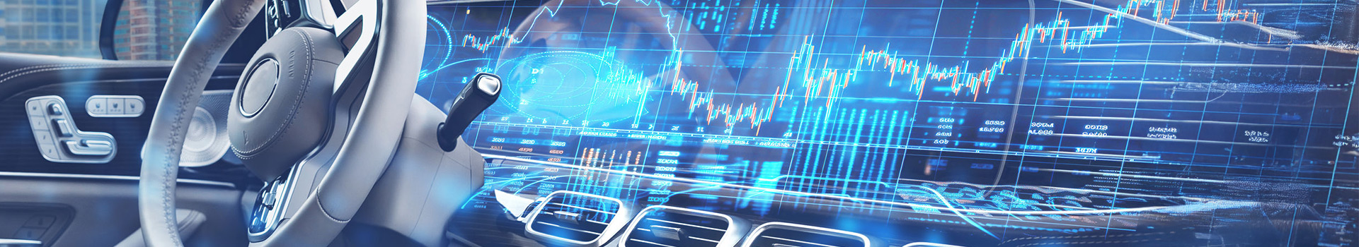 Futuristic car dashboard with digital stock market data and financial graphs overlay