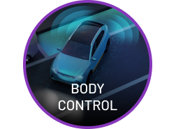 Top view of car on a road at night with sensor waves, 'Body Control' text below.