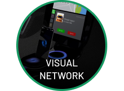 Circular graphic of smartphone and digital dashboard with map and contact image; 'Visual Network' text below.