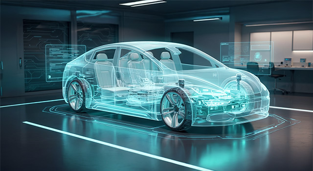 Transparent holographic 3D wireframe of an electric vehicle showing internal components in a futuristic automotive design lab