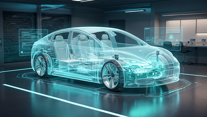 Transparent holographic 3D wireframe of an electric vehicle showing internal components in a futuristic automotive design lab