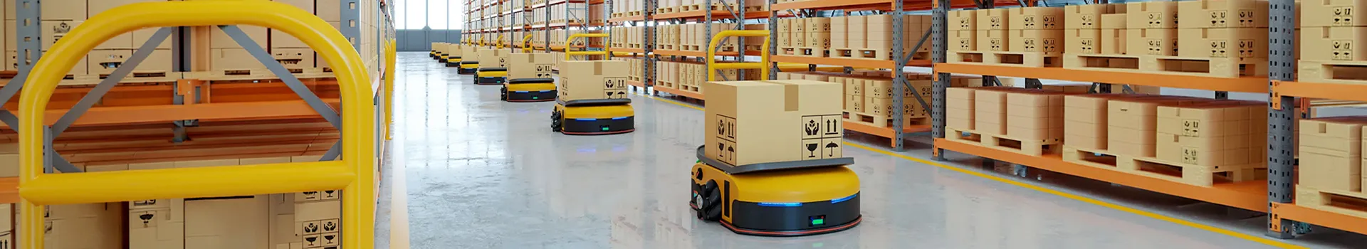 Automated warehouse with robots carrying boxes.