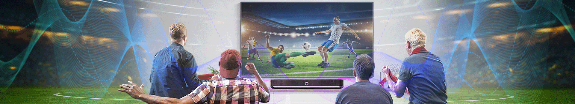 A group of 4 men partially immersed into a soccer game via the beosound soundbar providing realistic live sound