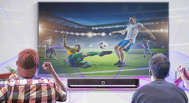 A group of 4 men partially immersed into a soccer game via the beosound soundbar providing realistic live sound