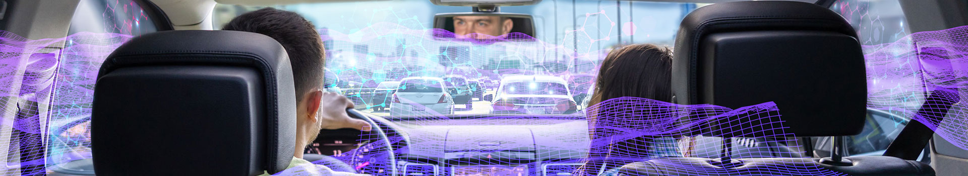 View from inside a car showing a driver and passenger surrounded by a digital visualization of sound waves
