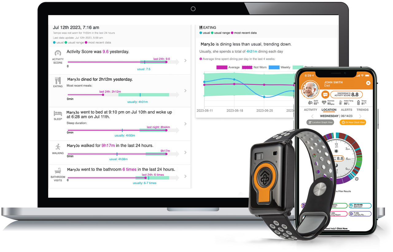 Tempo watch sits next to a laptop PC and smart phone running the Tempo app.