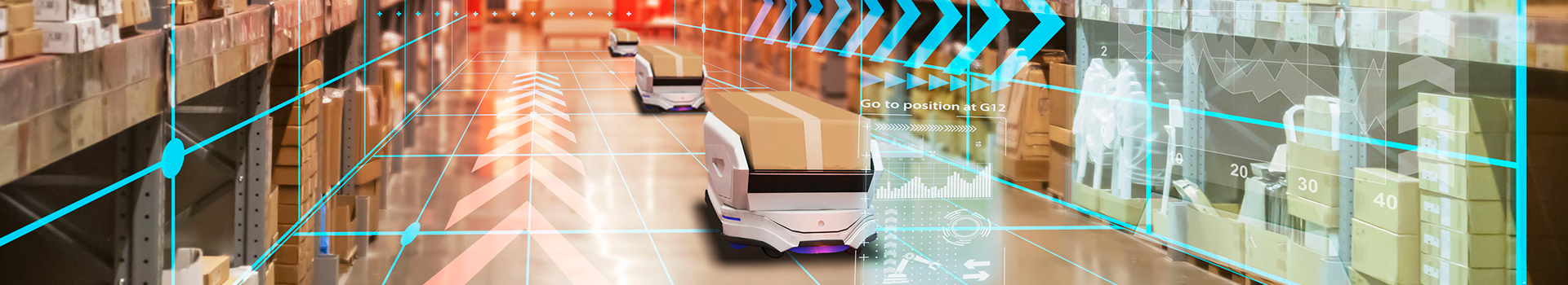 Autonomous warehouse robots transporting packages with digital navigation overlays in smart logistics system