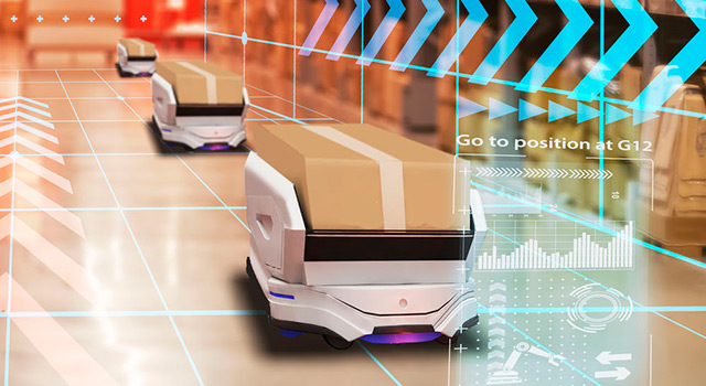 Autonomous warehouse robots transporting packages with digital navigation overlays in smart logistics system