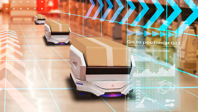 Autonomous warehouse robots transporting packages with digital navigation overlays in smart logistics system