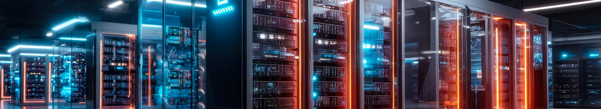 Data center with glowing blue and orange server racks.