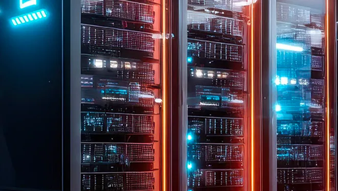 Data center with glowing blue and orange server racks.