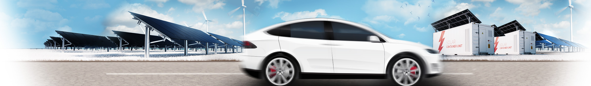 Electric vehicle driving in front of wind turbines and solar storage containers