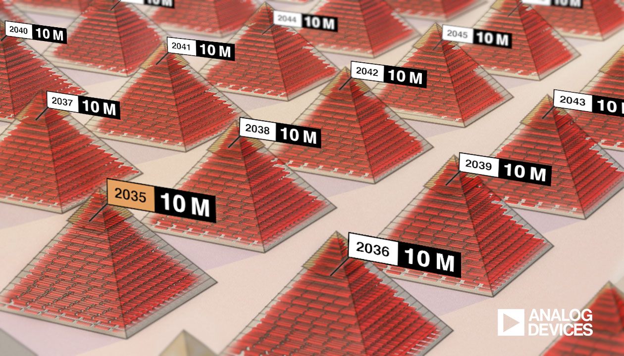 Graphic displays an entire field of pyramids showing millions of EV battery waste