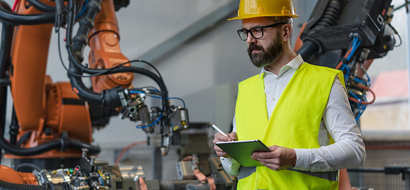 Engineer wearing a hard hat and high-visibility vest, inspecting industrial robotic machinery and taking notes on a tablet in a factory setting.