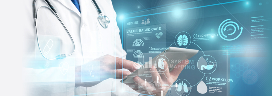 Close up of male doctor looking at mobile tablet device with a graphic overlay of healthcare technical stats and value-care data.