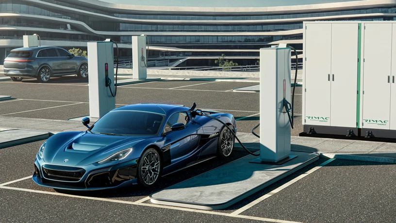 Blue Rimac Nevera charging at Rimac Energy EV station.