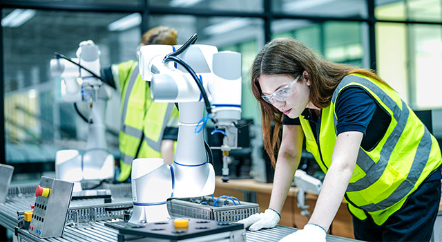 Woman in high-vis vest and glasses working with robotic arms.